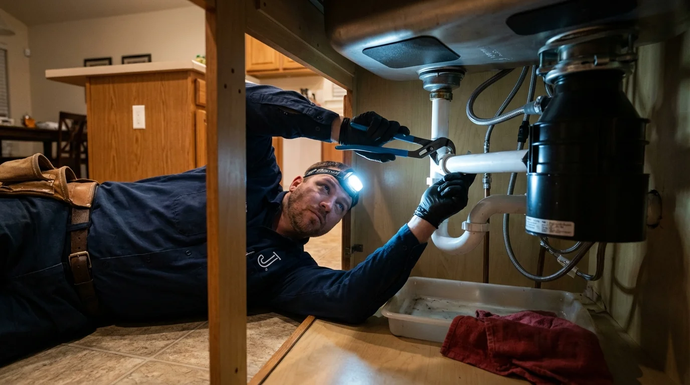 P-trap and supply line connections under a kitchen sink showing a common leak point in Ambridge, PA